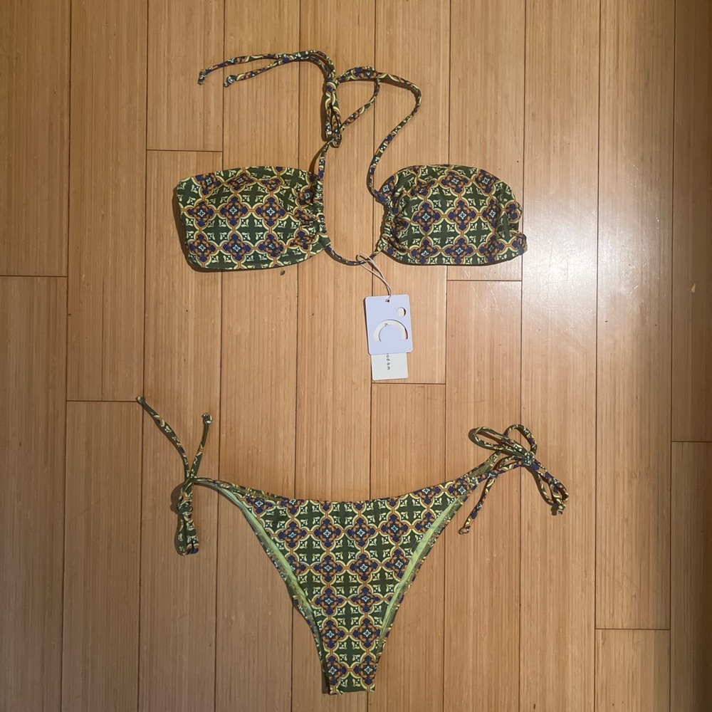 Green Multi colored Swimsuit Set
